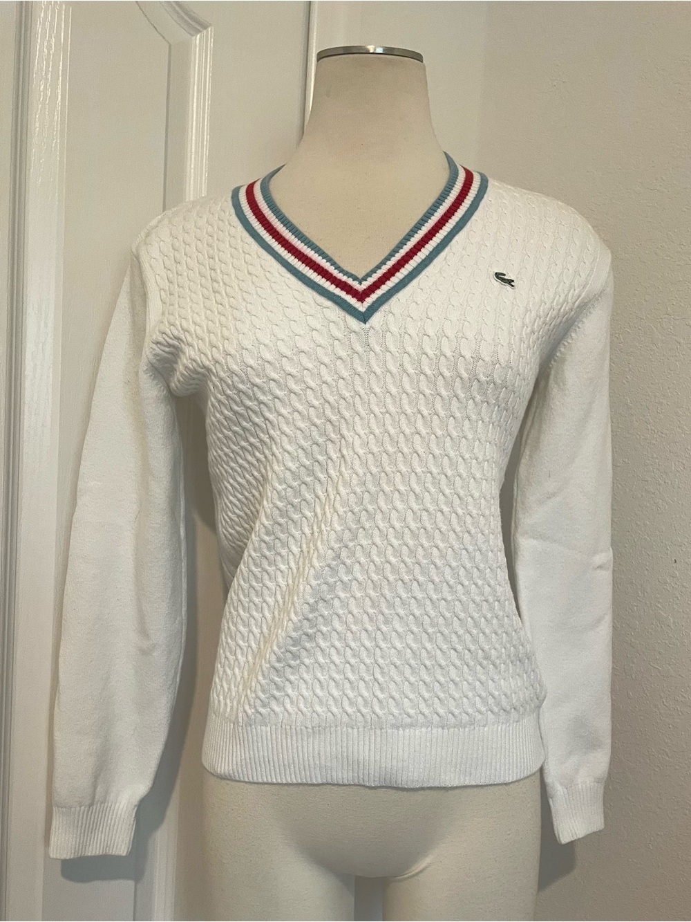 Vintage Lacoste Cable Knit Tennis V-Neck Sweater French Old Money Size 40